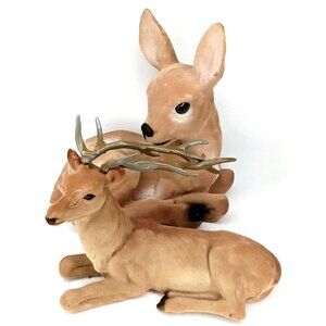 Mid Century Modern Deer Figurine Set Of 2 Flocked Plastic Fawn & Buck 1960s